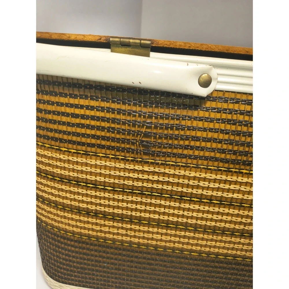 Vintage Redmon Picnic Basket Brown Stripe Dual Metal Handles Hinged Lid